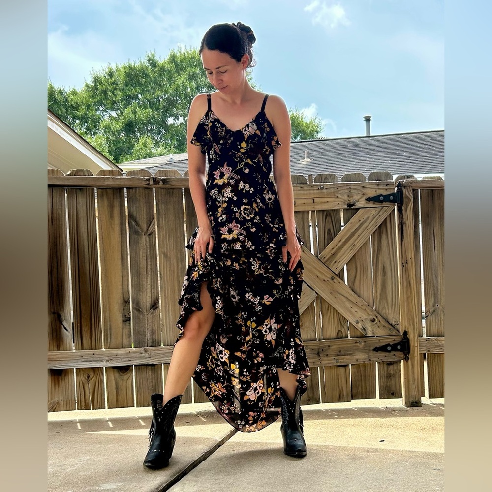 A.L.C. Zaydena Floral Silk Maxi Dress Black Floral Print Ruffle Spaghetti Strap - Picture 3 of 10